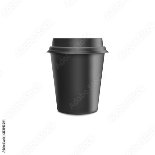 Black blank realistic paper coffee cup with lid mockup.