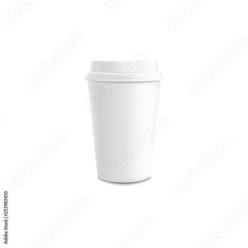 White paper or plastic coffee cup with lid mockup in realistic vector illustration.