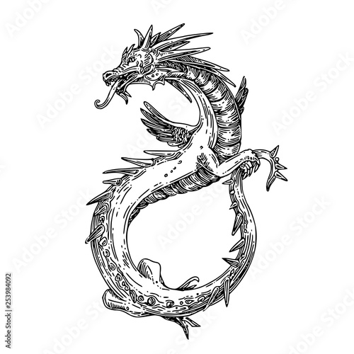 Flying dragon. Sketch tattoo. Engraving style. Vector illustration.