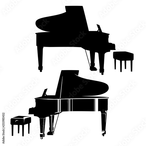 concert grand piano and empty pianist bench - classical musical instrument ready for performance black vector outline and silhouette set