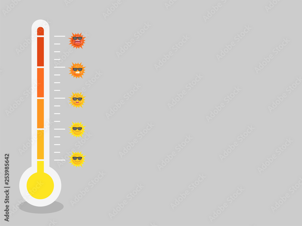 Warm High temperature red thermometers with different levels, Set of sun  with emotion face, summer concept, hot weather, cartoon vector in flat  design. Stock Vector | Adobe Stock