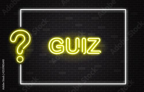 Quiz banner with yellow neon text and question mark in realistic style on dark brick wall background.