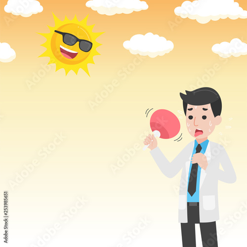 Doctor holding fan have heatstroke in summer concept, hot weather, cartoon character vector in flat design Medical Health care Life.