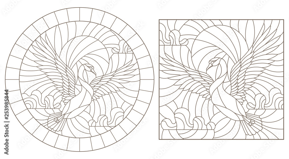 A set of contour illustrations of stained glass Windows with flying swans against the sky, dark contours on a white background A set of contour illustrations of stained glass Windows with flying swans against the sky, dark contours on a white background