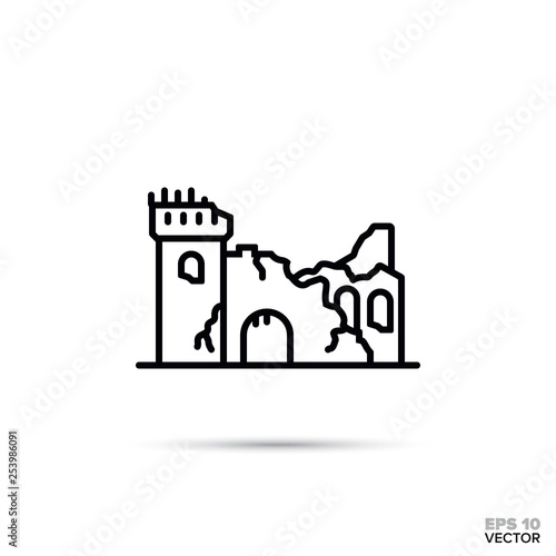 fantasy castle ruins vector line icon