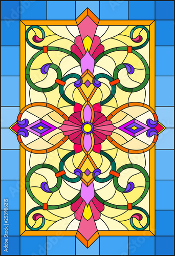 Illustration in stained glass style with abstract  swirls,  flowers and leaves  on a yellow  background in blue frame
