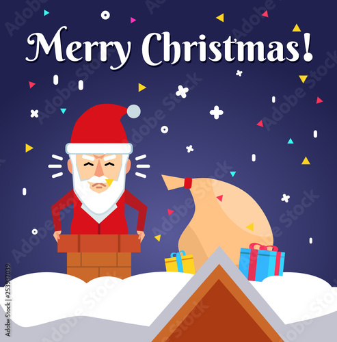 Funny Christmas greeting card design. Santa Claus stuck in chimney. Flat style vector illustration