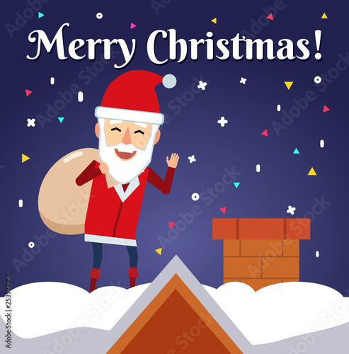 Colorful Christmas greeting card design. Cheerful Santa Claus stands on rooftop with bag and shows alright gesture. Flat style vector illustration