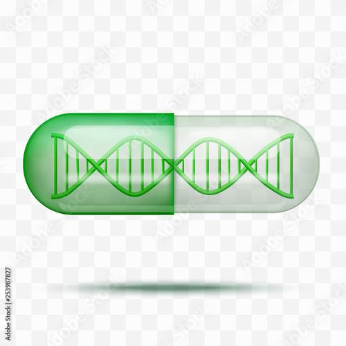 Close green capsule pill with dna molecule structure inside in realistic style.