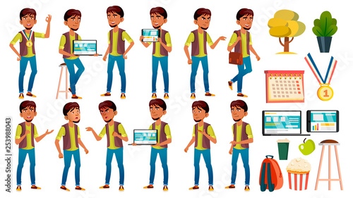 Arab, Muslim Boy Schoolboy Kid Poses Set Vector. High School Child. School Student. Expression, Happy Childhood, Positive Person. For Banner, Flyer, Brochure Design. Isolated Cartoon Illustration