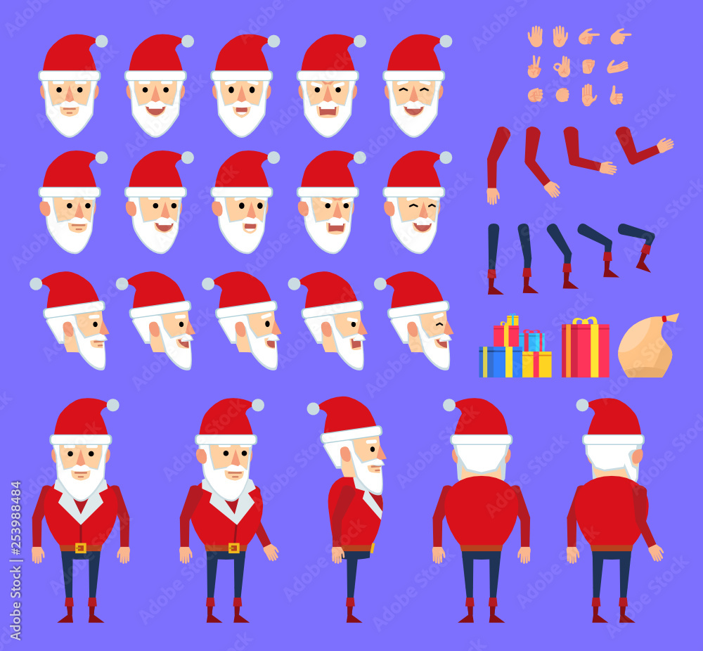Santa Claus creation set. Various gestures, emotions, diverse poses, views. Create your own pose, animation. Flat design vector illustration Santa Claus creation set. Various gestures, emotions, diverse poses, views. Create your own pose, animation. Flat design vector illustration