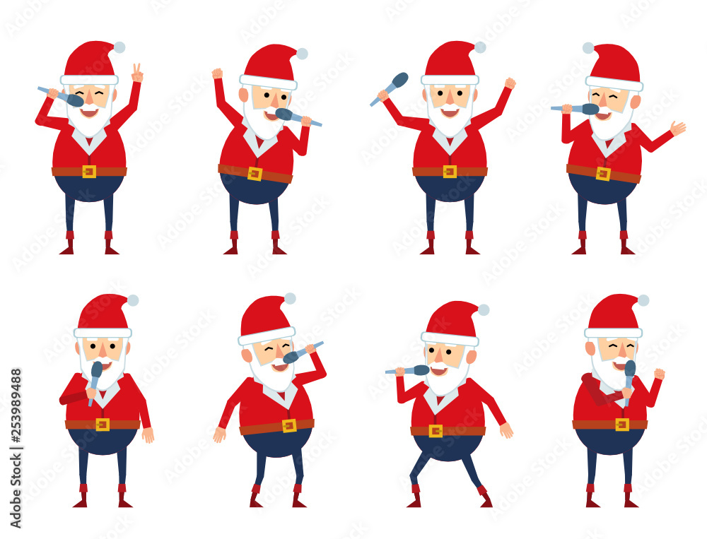 Set of Santa Claus characters posing with microphone in different situations. Cheerful Santa karaoke singing. Flat style vector illustration Set of Santa Claus characters posing with microphone in different situations. Cheerful Santa karaoke singing. Flat style vector illustration