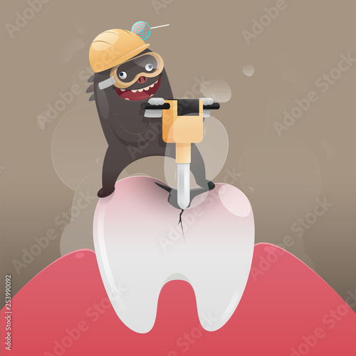 The bad monster is digging and damaging the tooth, Cartoon vector, Concept with tooth health