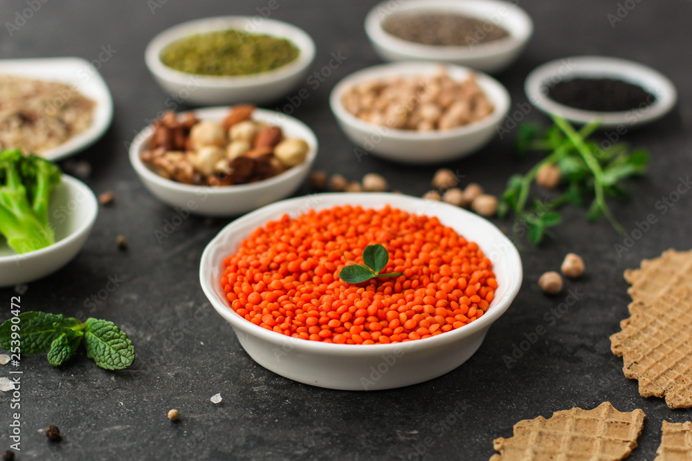Lentils orange, healthy food concept (legumes, greens, spinach, micro greens and more) superfood. Food background Lentils orange, healthy food concept (legumes, greens, spinach, micro greens and more) superfood. Food background