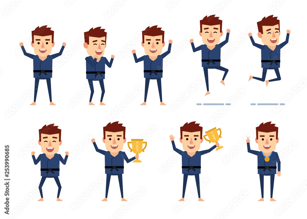 Set of sportsman characters in blue kimono showing diverse actions. Funny sportsman celebrating victory, holding cup and showing other actions. Simple vector illustration Set of sportsman characters in blue kimono showing diverse actions. Funny sportsman celebrating victory, holding cup and showing other actions. Simple vector illustration