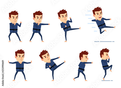 Set of sportsman characters in blue kimono showing diverse actions. Funny martial art expert attacking, kicking, jumping and showing other actions. Simple vector illustration