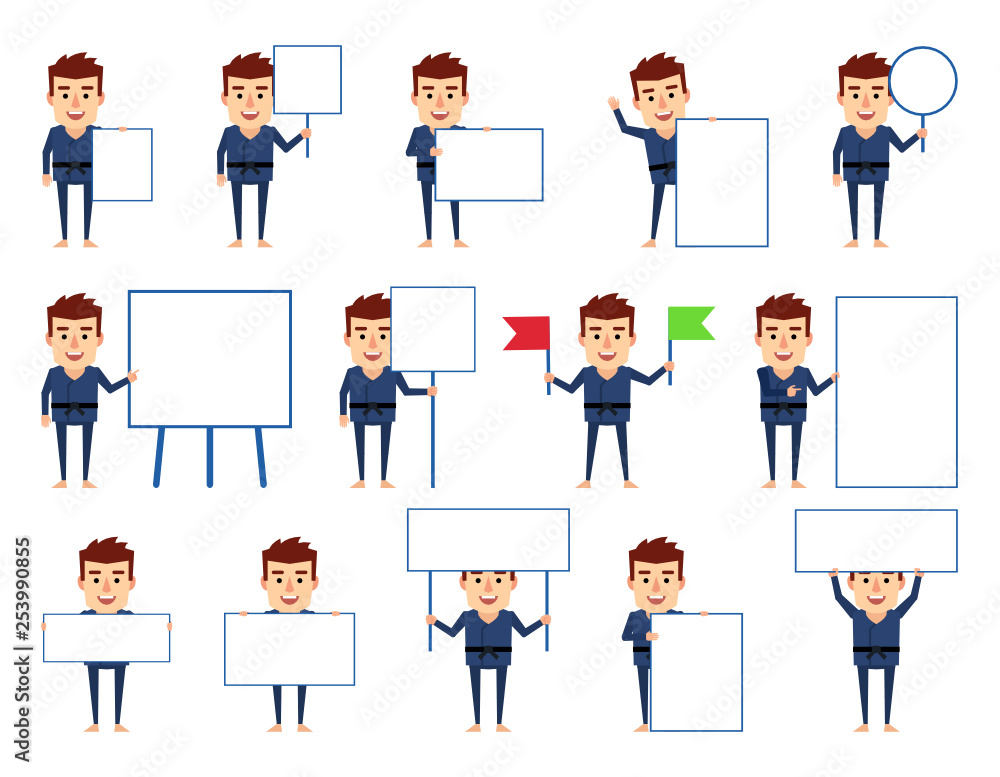 Set of martial art master characters posing with various blank signboards. Funny sportsman holding banner, paper, placard, pointing to whiteboard. Simple vector illustration Set of martial art master characters posing with various blank signboards. Funny sportsman holding banner, paper, placard, pointing to whiteboard. Simple vector illustration