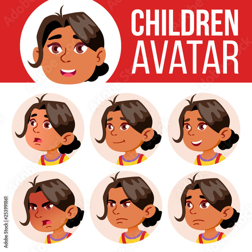 Arab, Muslim Girl Avatar Set Kid Vector. Kindergarten. Face Emotions. Cartoon, Comic, Flat. Little, Cute, Comic. Postcard, Announcement. Cartoon Head Illustration