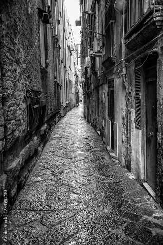 Naples  Italy - August 16  2015   Narrow streets of Naples  black and white photographs.