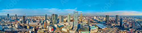 Beautiful panoramic aerial drone view to the center of Warsaw City and "Zlota 44", residential skyscraper designed by American architect Daniel Libeskind
