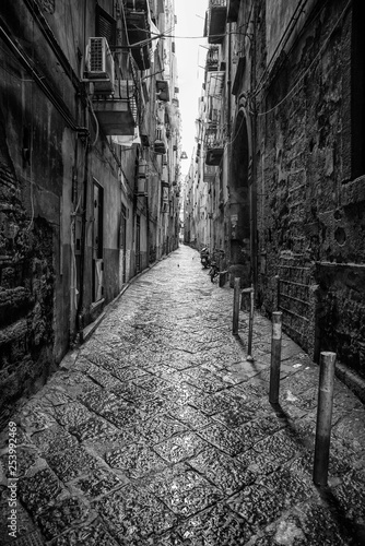 Naples, Italy - August 16, 2015 : Narrow streets of Naples, black and white photographs.