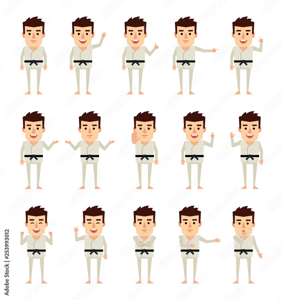 Set of sportsman characters in white kimono showing various hand gestures. Funny karate man showing thumb up, victory hand and other gestures. Simple vector illustration Set of sportsman characters in white kimono showing various hand gestures. Funny karate man showing thumb up, victory hand and other gestures. Simple vector illustration