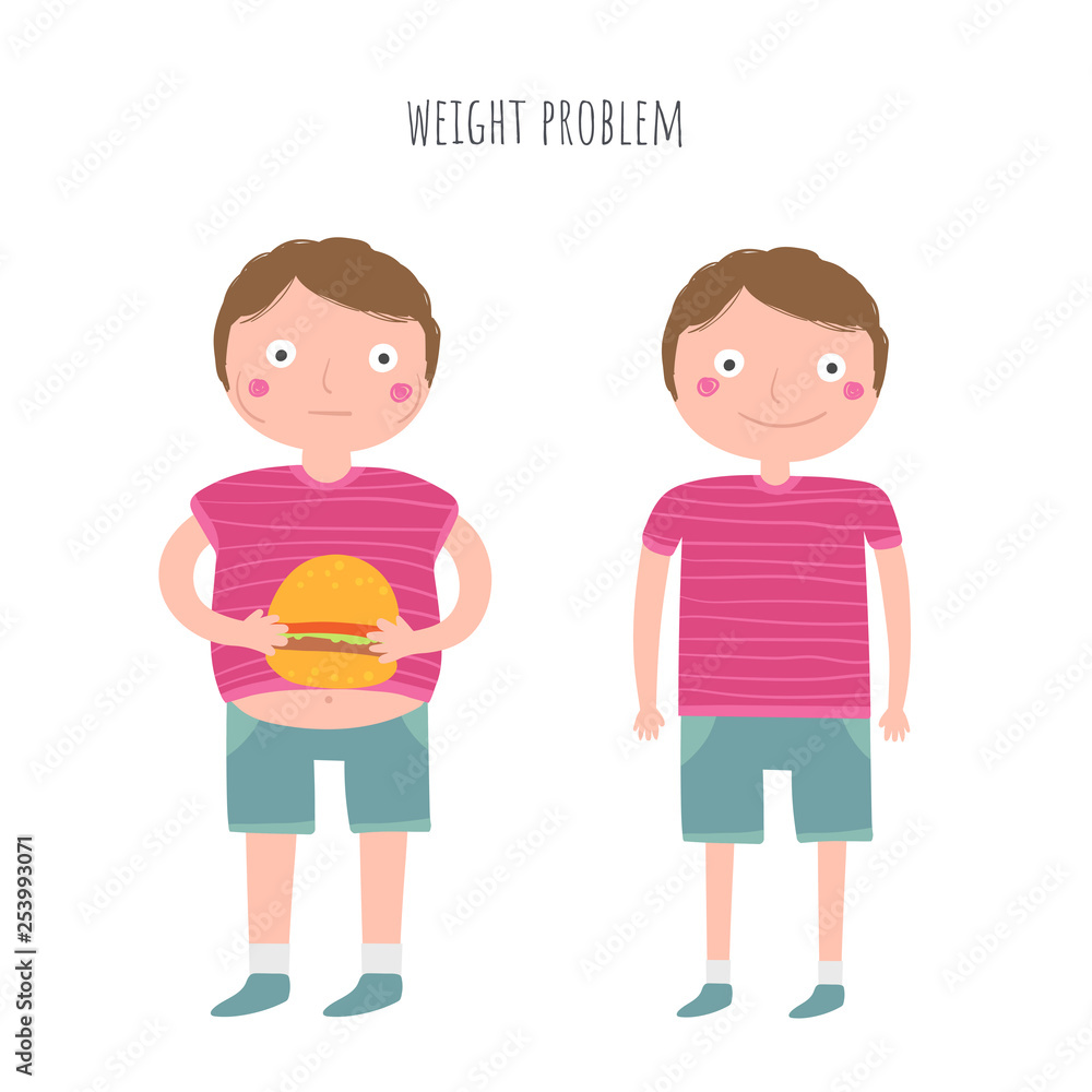 Fat and healty boy set. Weight problem illustration. Fat and healty boy set. Weight problem illustration.