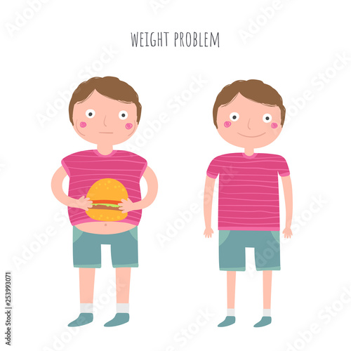 Fat and healty boy set. Weight problem illustration.