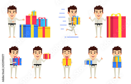 Set of sportsman characters in white kimono posing with gifts. Cheerful karate man holding gift box, running, celebrating and showing other actions. Flat style vector illustration