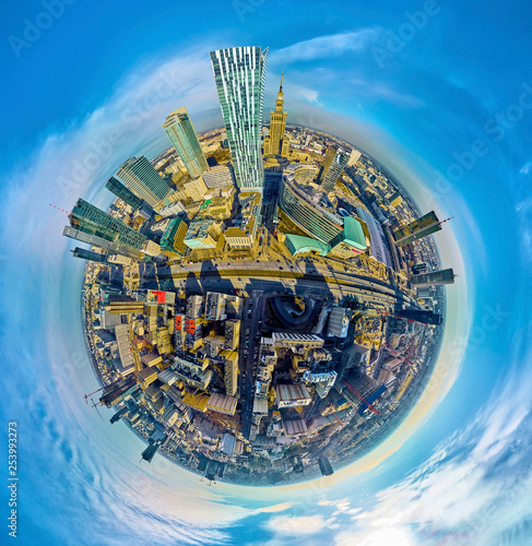 WARSAW, POLAND - FEBRUARY 23, 2019: Beautiful panoramic aerial drone view "little planet" - 360 degree panorama -to the center of Warsaw City