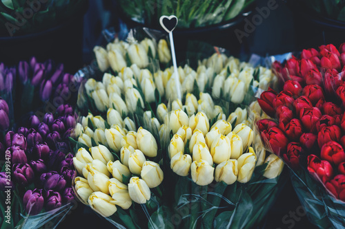 fresh tulips are sold on a spring holiday photo