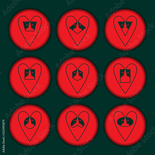 A collection of hearts composed of faces of people and geometric shapes. Vector illustration.
