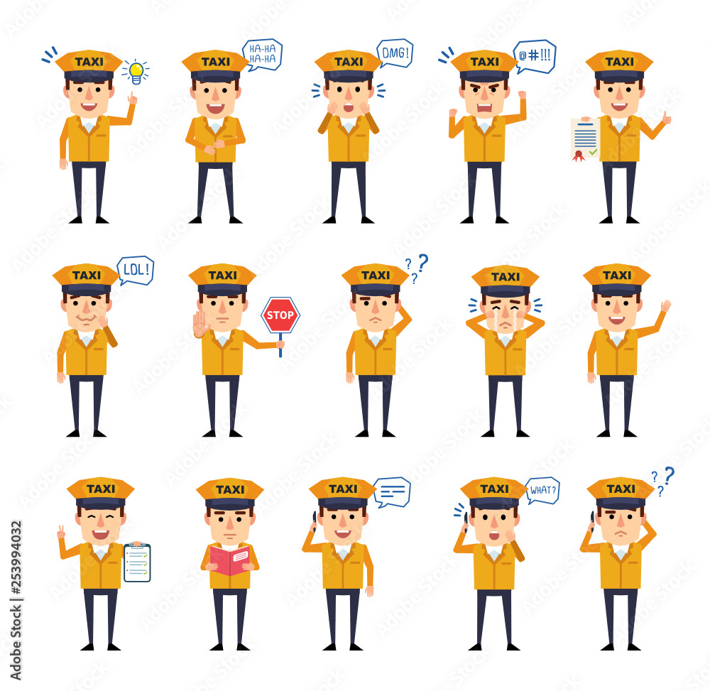 Set of taxi driver characters showing diverse actions, emotions. Funny taxi driver talking on phone, laughing, angry, holding document, book and showing other actions. Simple vector illustration