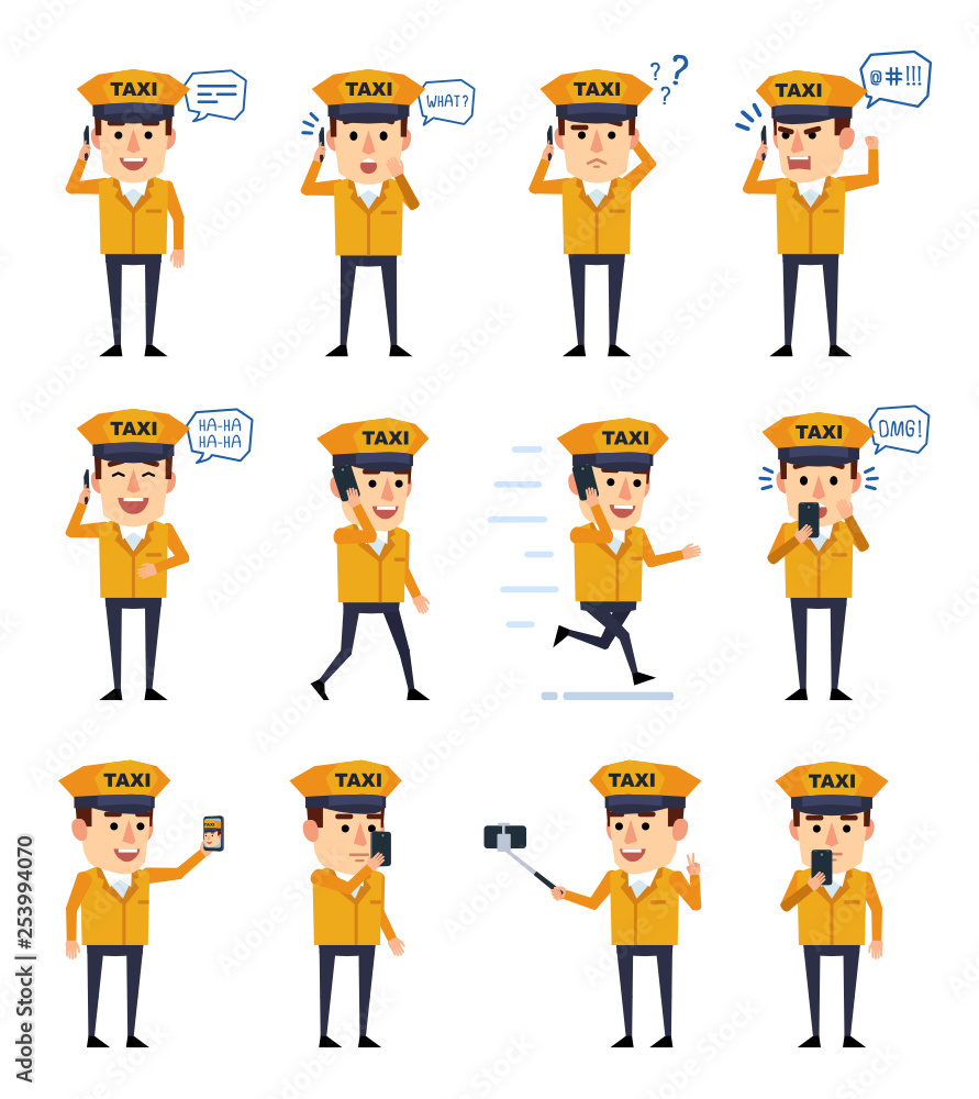 Set of taxi driver characters with phone posing in various situations. Funny taxi driver talking on phone, running, taking photo and showing other actions. Simple vector illustration Set of taxi driver characters with phone posing in various situations. Funny taxi driver talking on phone, running, taking photo and showing other actions. Simple vector illustration