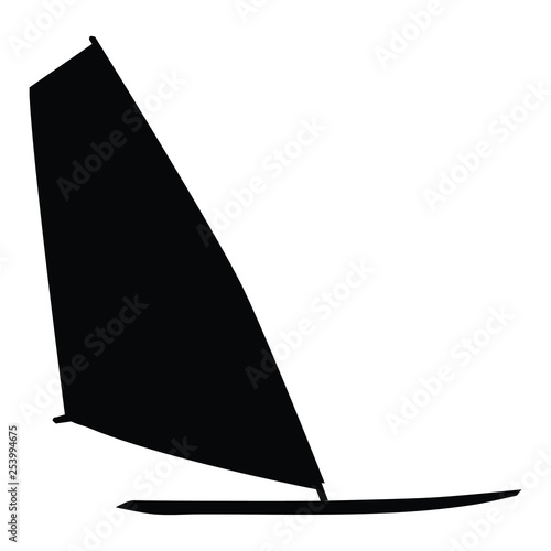 A blackd and white vector silhouette of a windsurfer