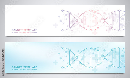 Banners and headers for site with DNA strand and molecular structure. Genetic engineering or laboratory research. Abstract geometric texture for medical, science and technology design.