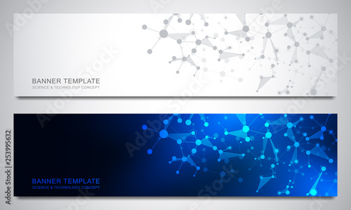 Banners design template with molecular structures and neural network. Abstract molecules and genetic engineering background. Science and innovation technology concept.