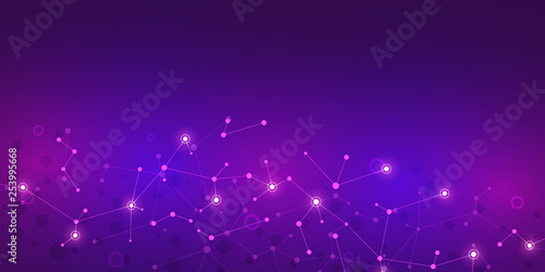Abstract technology and innovation background with molecular structures and neural network. Molecules DNA and genetic engineering. Technical and scientific concept.