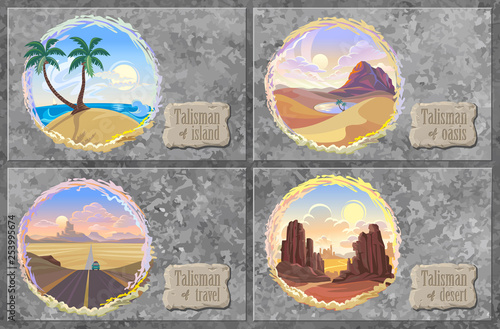 A collection of desert landscapes with road, oceans, canyons and oasis