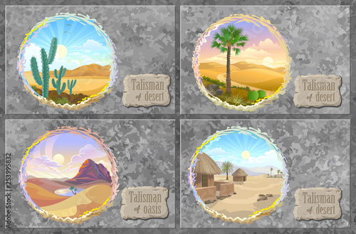 Talismans of desert landscapes with villages, oasis, roads, cactuses and plants