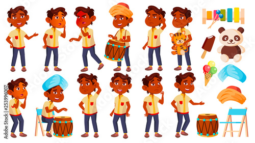 Indian Boy Kindergarten Kid Poses Set Vector. Little Child. Funny Toy. Lifestyle. For Advertising, Placard, Print Design. Isolated Cartoon Illustration