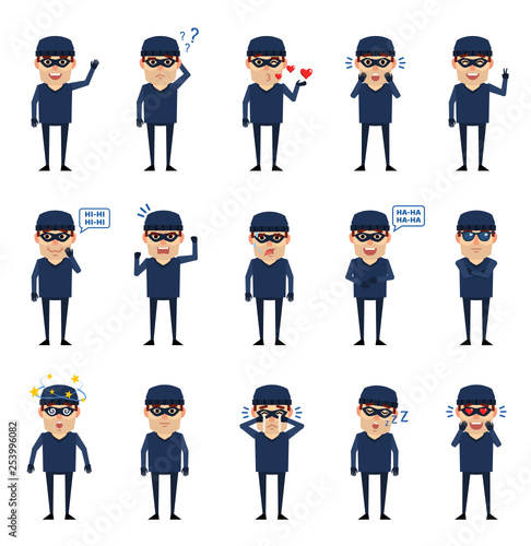 Set of thief characters showing various emotions. Funny thief laughing, crying, angry, surprised and showing other emotions. Simple vector illustration