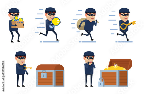 Set of thief characters showing various actions. Thief opens treasure chest, runs, holds idea light bulb, bag, key and shows other actions. Simple style vector illustration