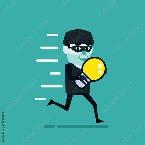 Theft of ideas, intellectual property thievery concept. Smiling thief holds idea light bulb and runs away. Flat style vector illustration