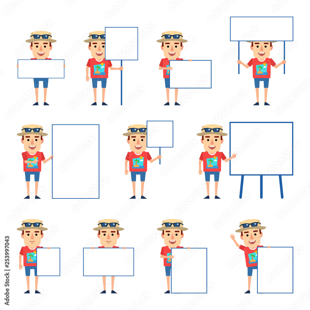 Set of tourist characters posing with various blank signboards. Funny tourist holding banner, paper, placard, pointing to whiteboard. Simple vector illustration Set of tourist characters posing with various blank signboards. Funny tourist holding banner, paper, placard, pointing to whiteboard. Simple vector illustration