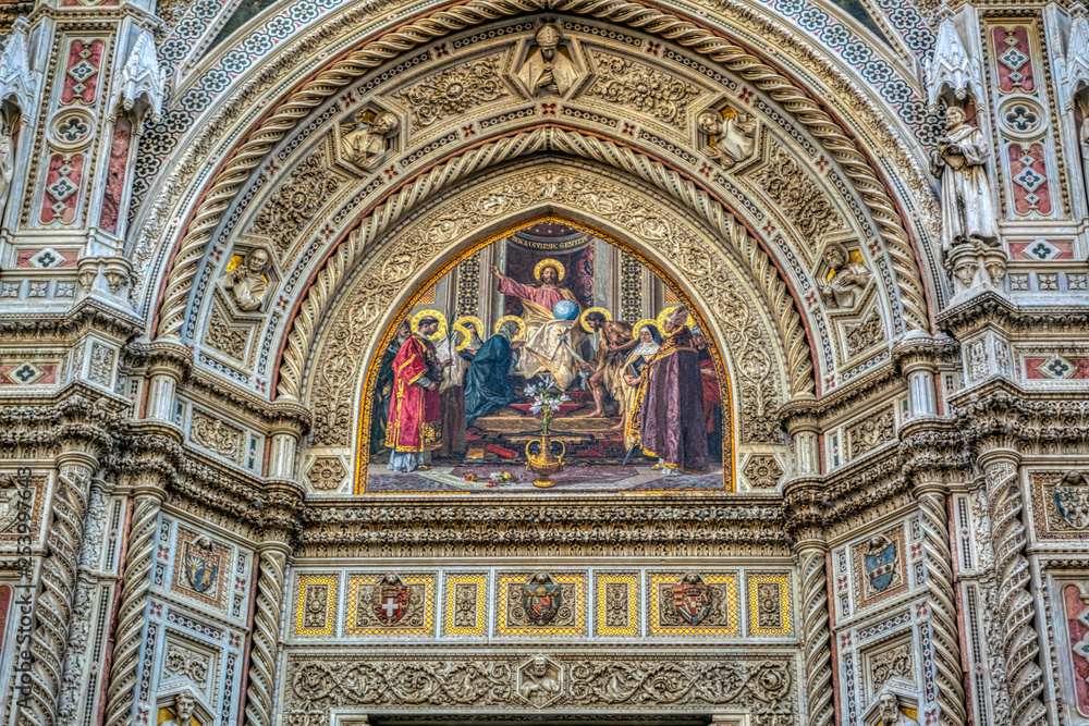 Detail of the facade of the Basilica di Santa Maria del Fiore in Firenze, Italy