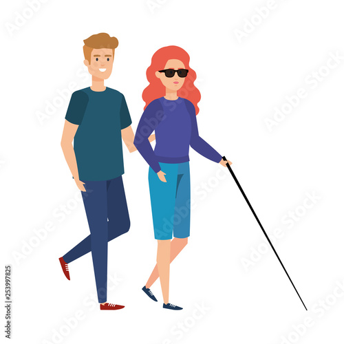 blind woman with walking stick and helper