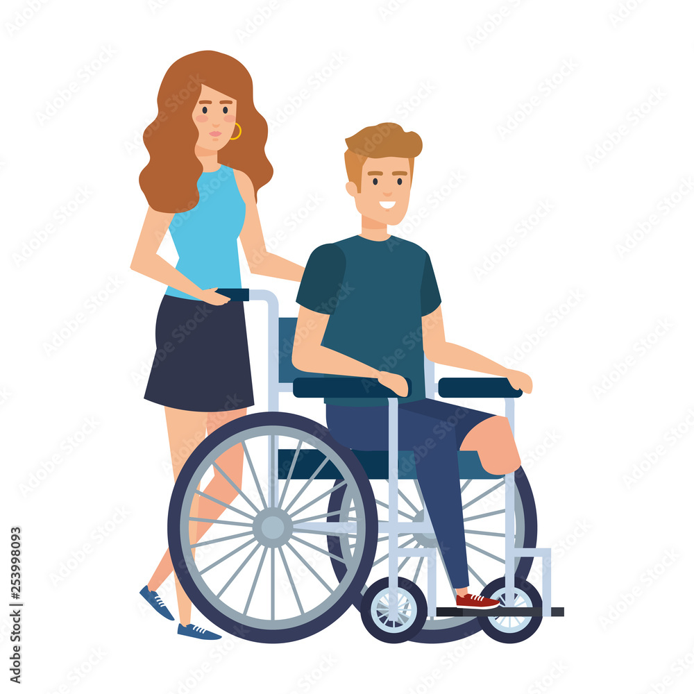 Fototapeta premium young man in wheelchair with female helper