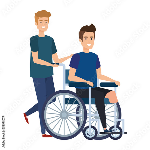 young man in wheelchair with male helper