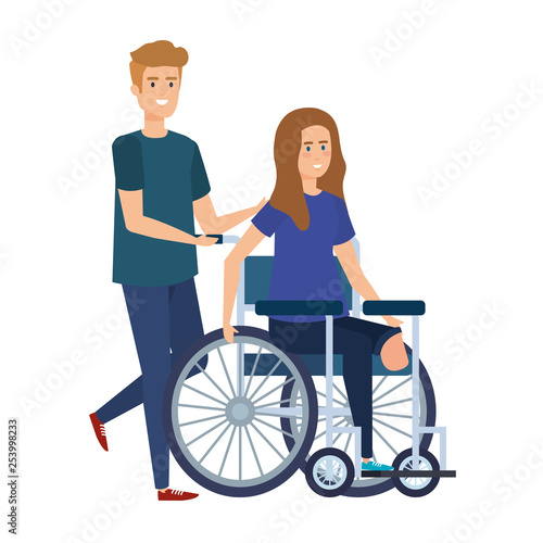 young woman in wheelchair with male helper